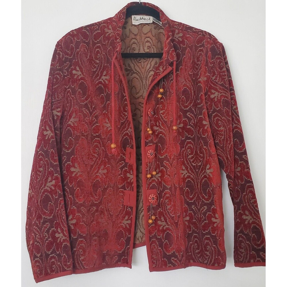 VTG Flashback Tapestry Jacket Red Boho Paisley Knit Cardigan Coat Size XL